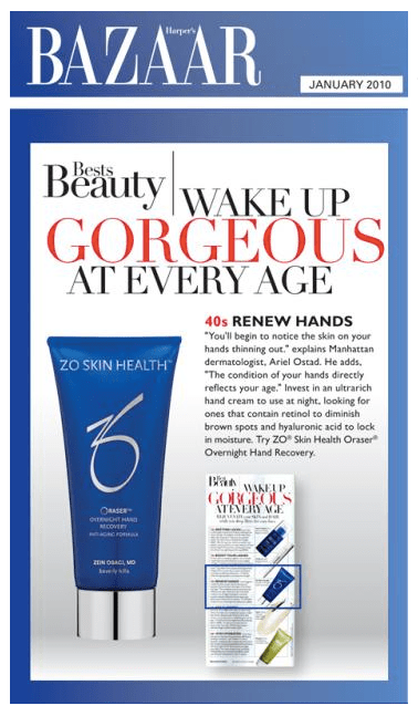 Zo Skin Health by Zen Obagi's hand recovery cream featured in Harper's Bazaar.